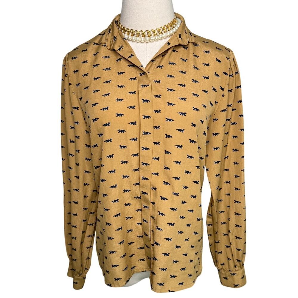 Windsmoor vintage dragon fox print secretary blouse gold navy blue size XS/S
